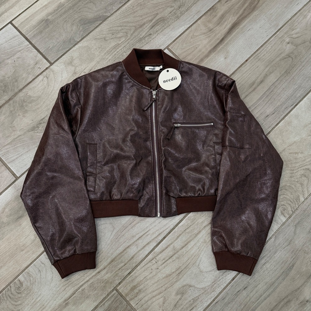 Needii Bomber Jacket Womens Size S Brown Faux Leather Cropped Zip Up Ribbed Trim